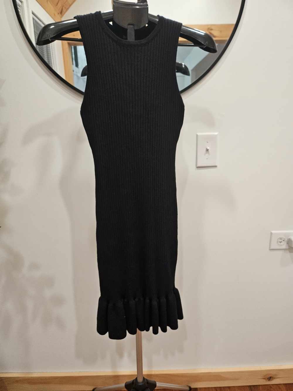 Allegra K Black Ribbed Knit Midi Dress with Ruffled Hem